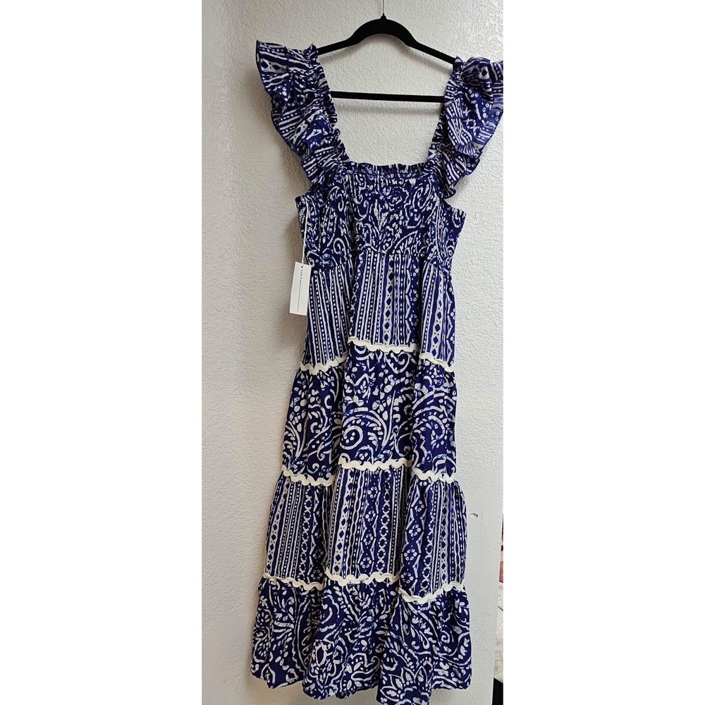Truly‎ 4 You Women's 1X Blue White Paisley Maxi Dress Ruffle Sleeves Tiered